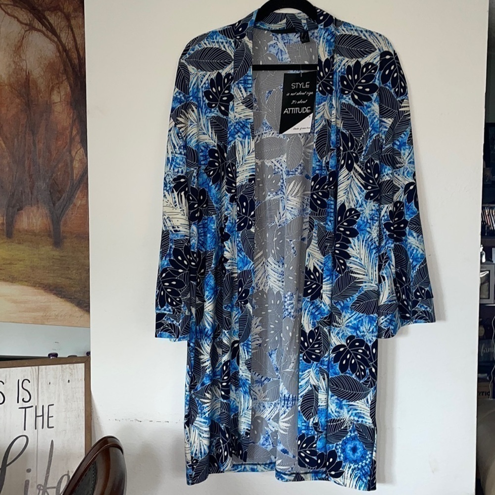 Attitudes by Renee Blue Printed Jersey Lounge Duster Kimono - Picture 2 of 6